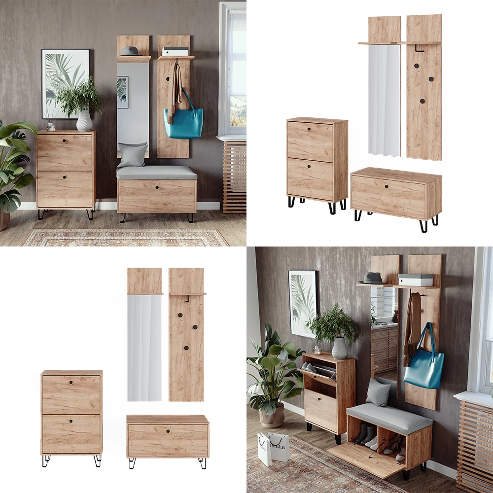 Garderobenset Siri Goldkraft Eiche Set mit Wandgarderoben, Sitzbank und Schuhschrank livinity®