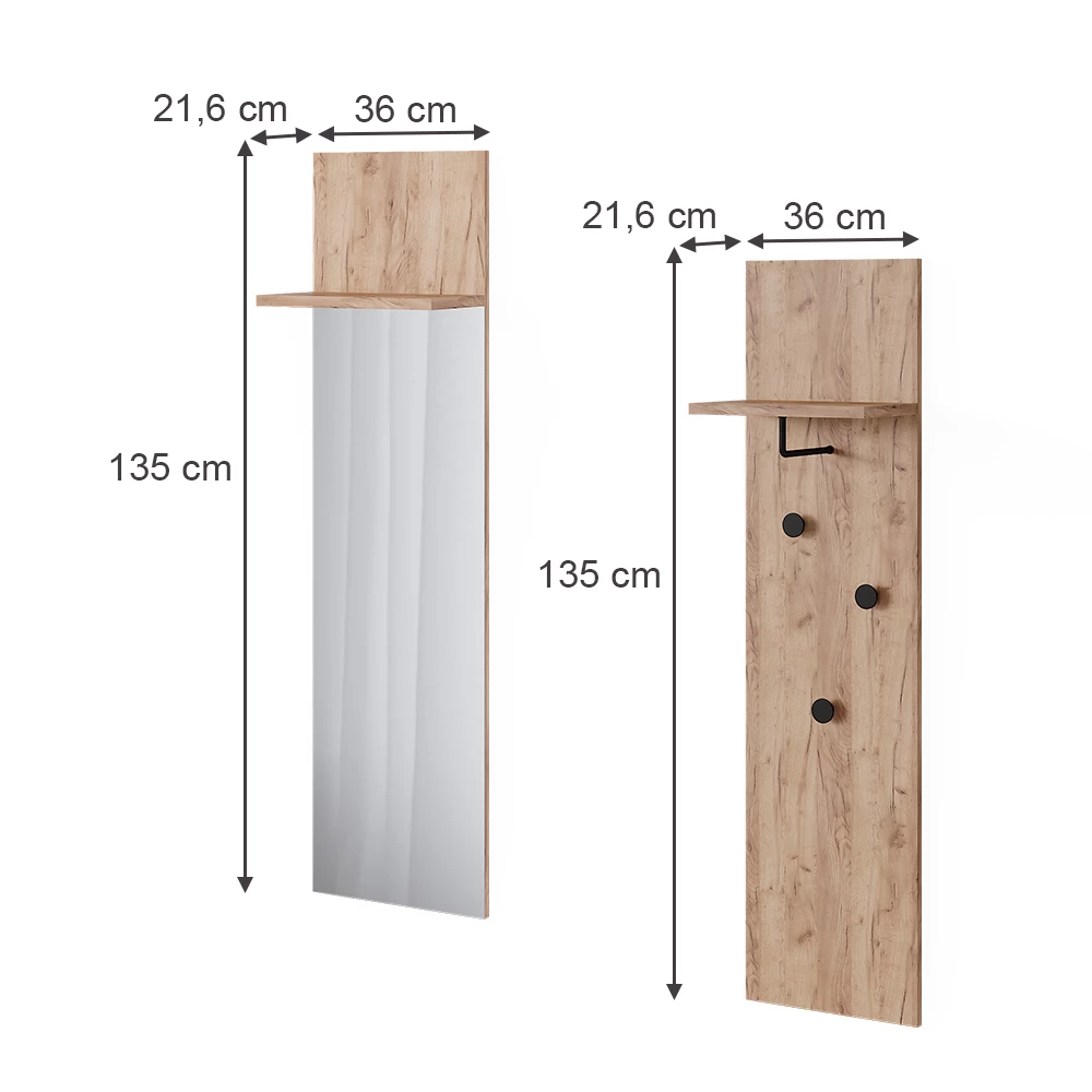 Wandgarderobe in Goldkraft Eiche auf weißem Hintergrund mit sichtbaren Maßen