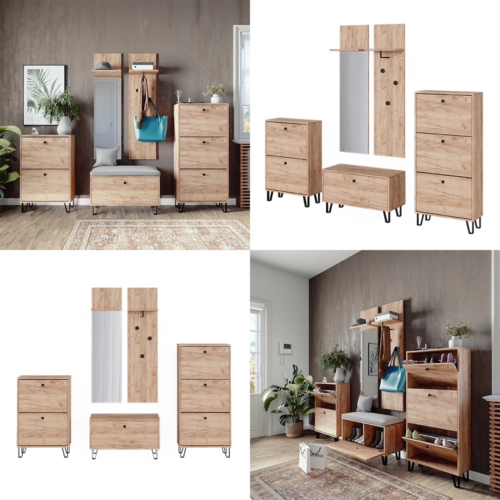 Garderobenset Siri Goldkraft Eiche Set mit Garderoben, Sitzbank und Schuhschränken livinity®