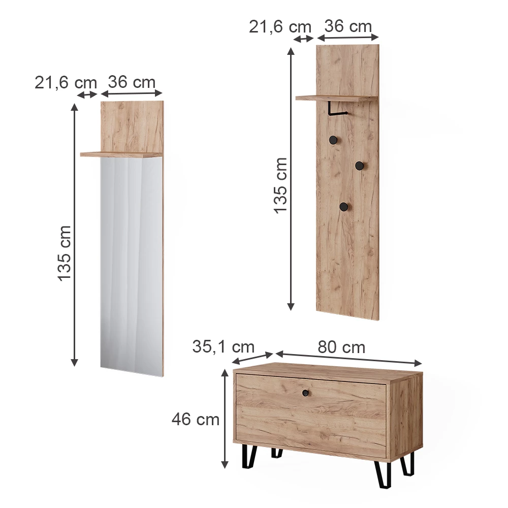 Garderobenset in Goldkraft Eiche auf weißem Hintergrund mit sichtbaren Maßen