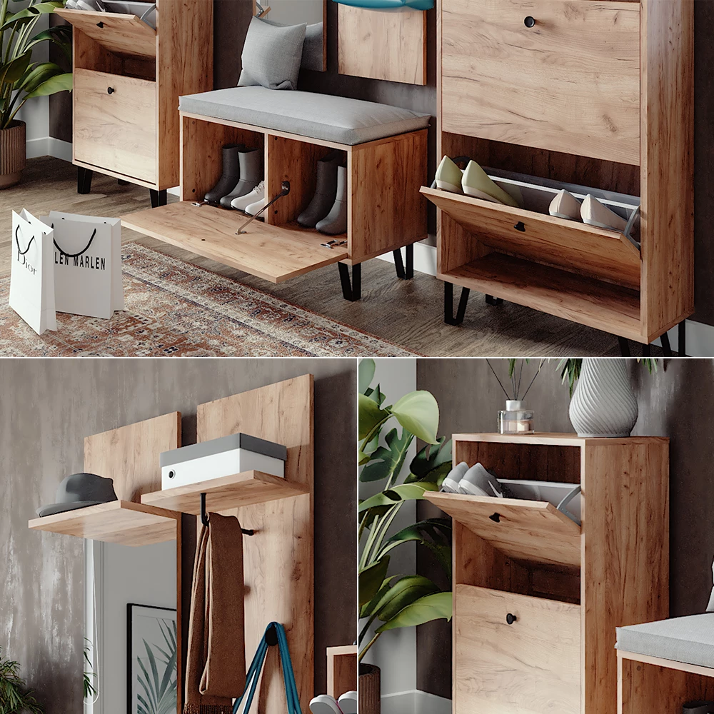 Nahaufnahme von Garderobenset in Goldkraft Eiche, zeigt Textur/Details