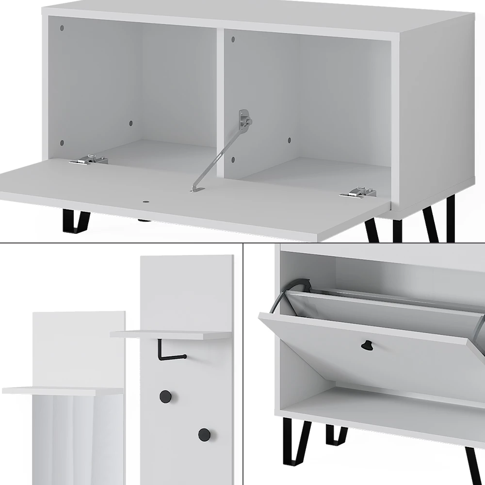 Nahaufnahme von Garderobenset  in Weiß, zeigt Design- und Oberflächendetails