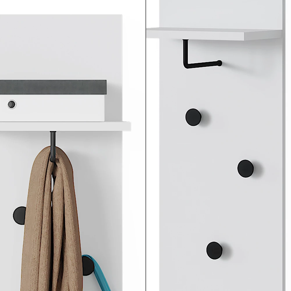Nahaufnahme von Garderobe in Weiß, zeigt Design- und Oberflächendetails