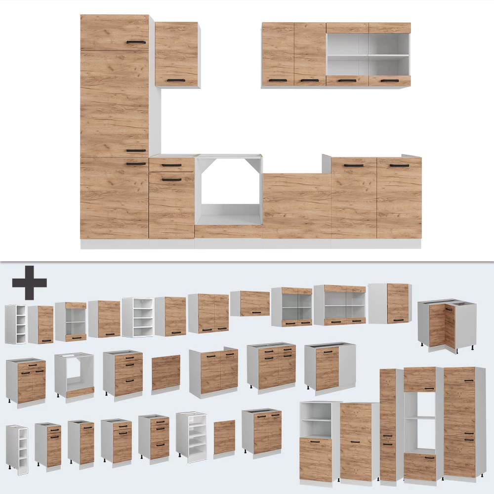 Nahaufnahme von Küchenzeile in Goldkraft Eiche/Weiß, zeigt Design- und Oberflächendetails
