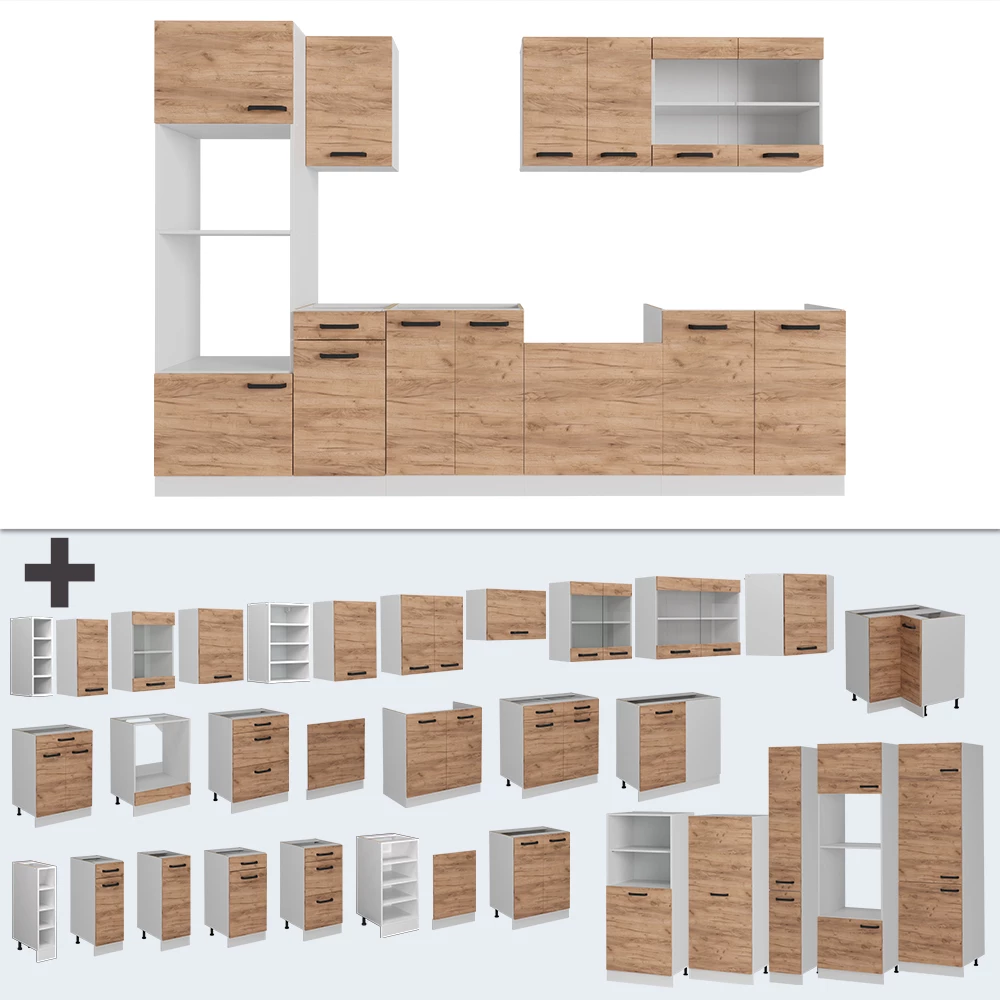 Nahaufnahme von Küchenzeile in Goldkraft Eiche/Weiß, zeigt Design- und Oberflächendetails