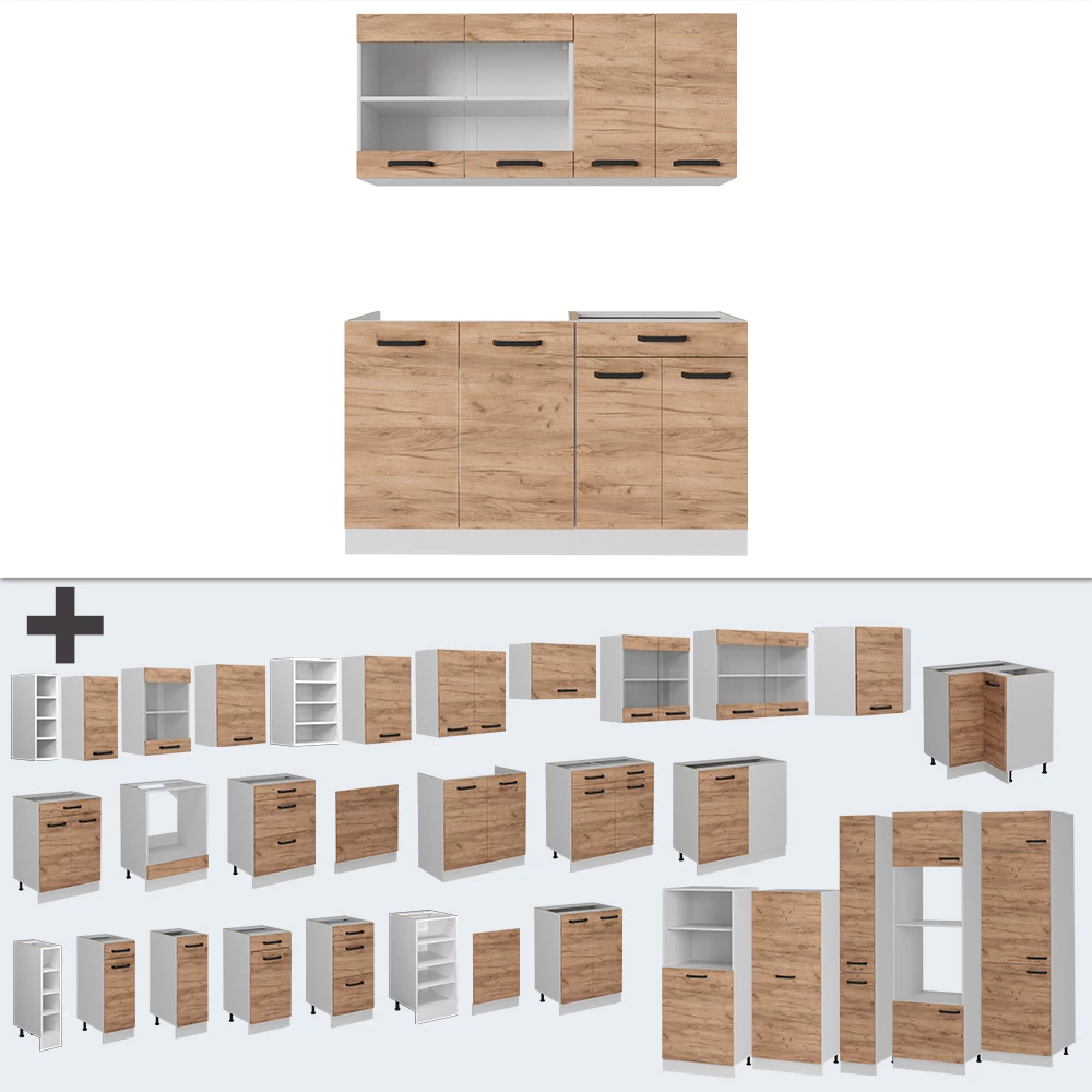 Nahaufnahme von Singleküche in Goldkraft Eiche/Weiß, zeigt Design- und Oberflächendetails