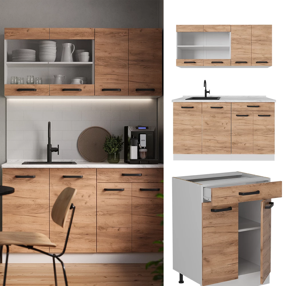 Singleküche R-Line Goldkraft Eiche/Weiß 140 cm AP Marmor livinity®