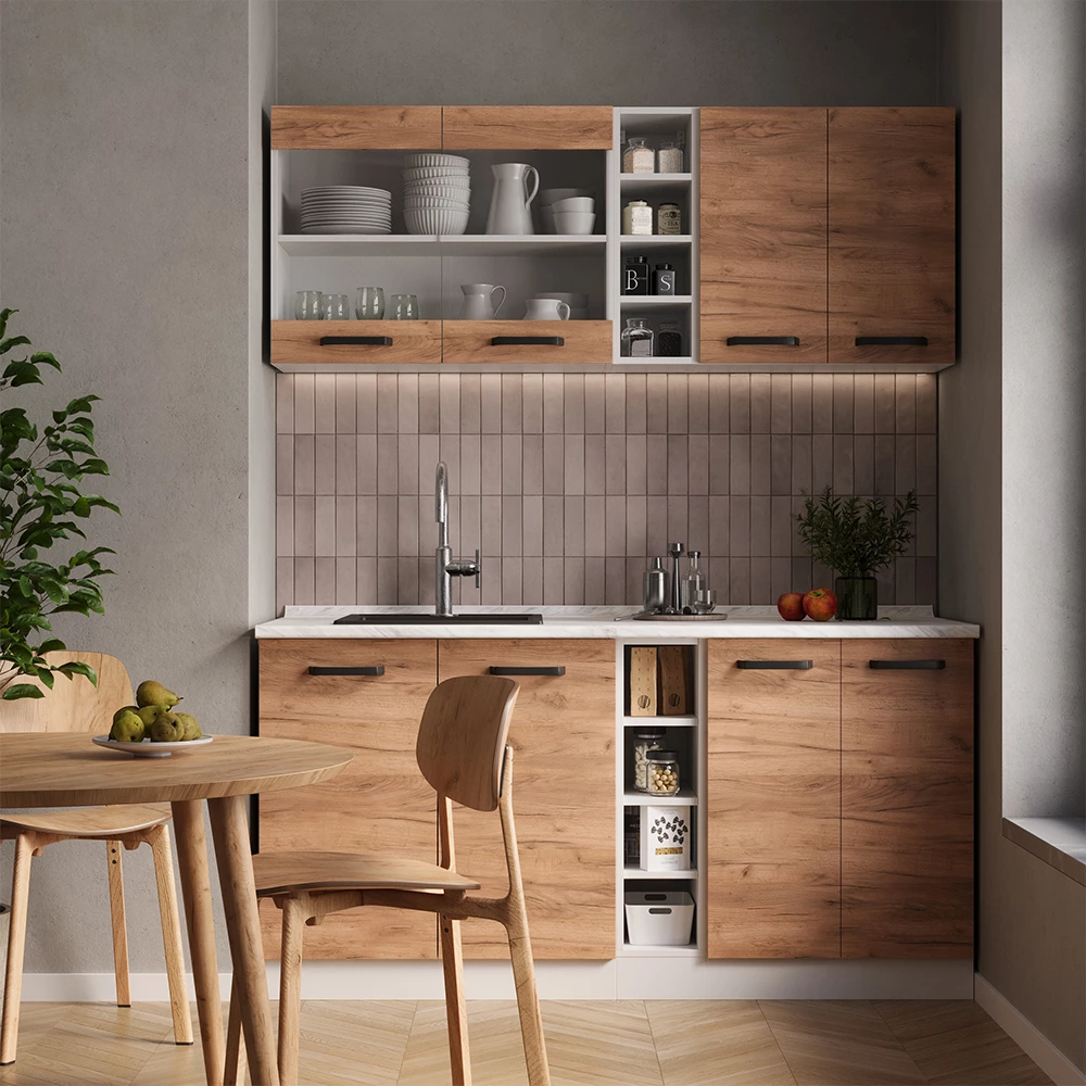 Cocina versátil en Oro potencia roble/blanco sobre fondo blanco