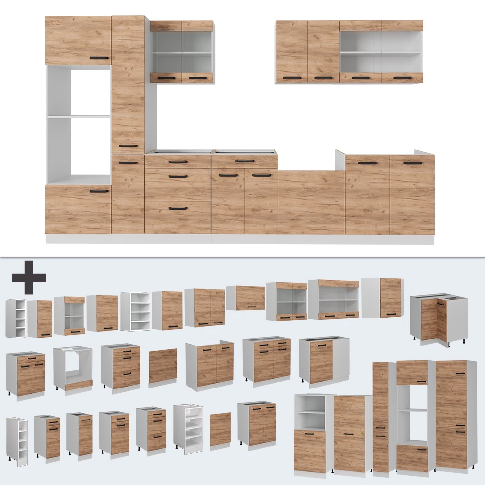 Nahaufnahme von Küchenzeile in Goldkraft Eiche/Weiß, zeigt Design- und Oberflächendetails
