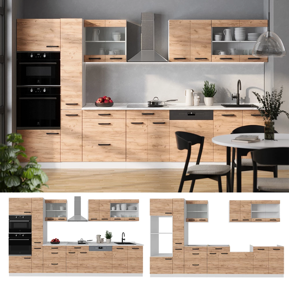 Küchenzeile R-Line Goldkraft Eiche/Weiß 350 cm AP Eiche livinity®