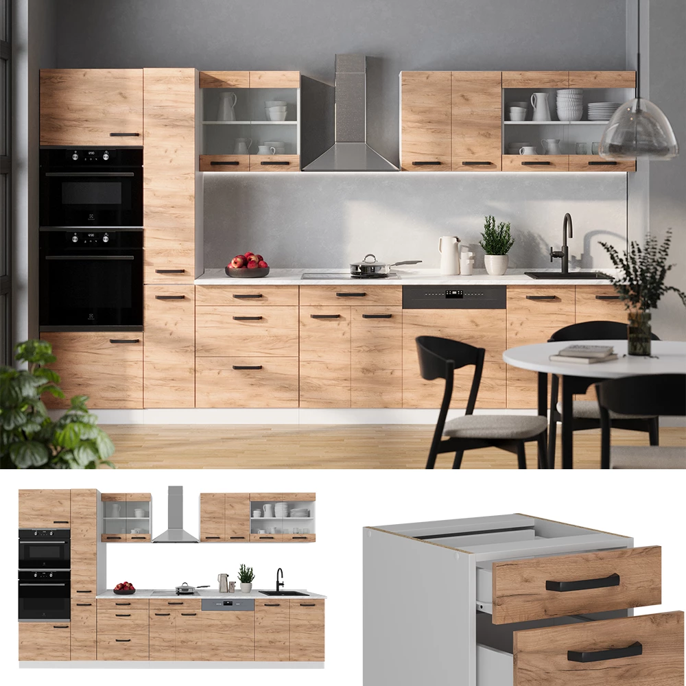 Küchenzeile R-Line Goldkraft Eiche/Weiß 350 cm AP Eiche livinity®