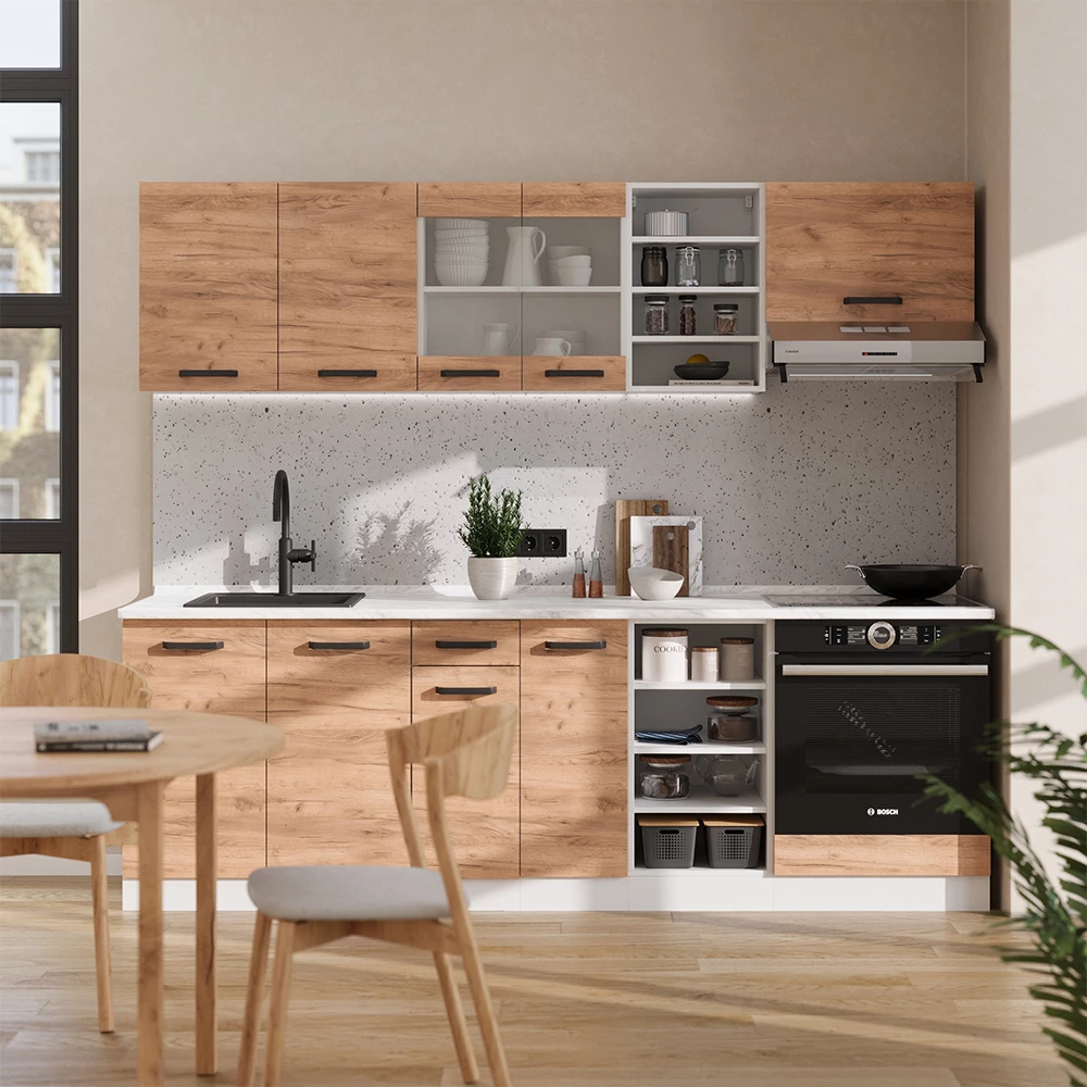 Vicco Kompletna kuhinja Zlatnokraft Eiche/Weiß 240 cm bez radne ploče, R-Line