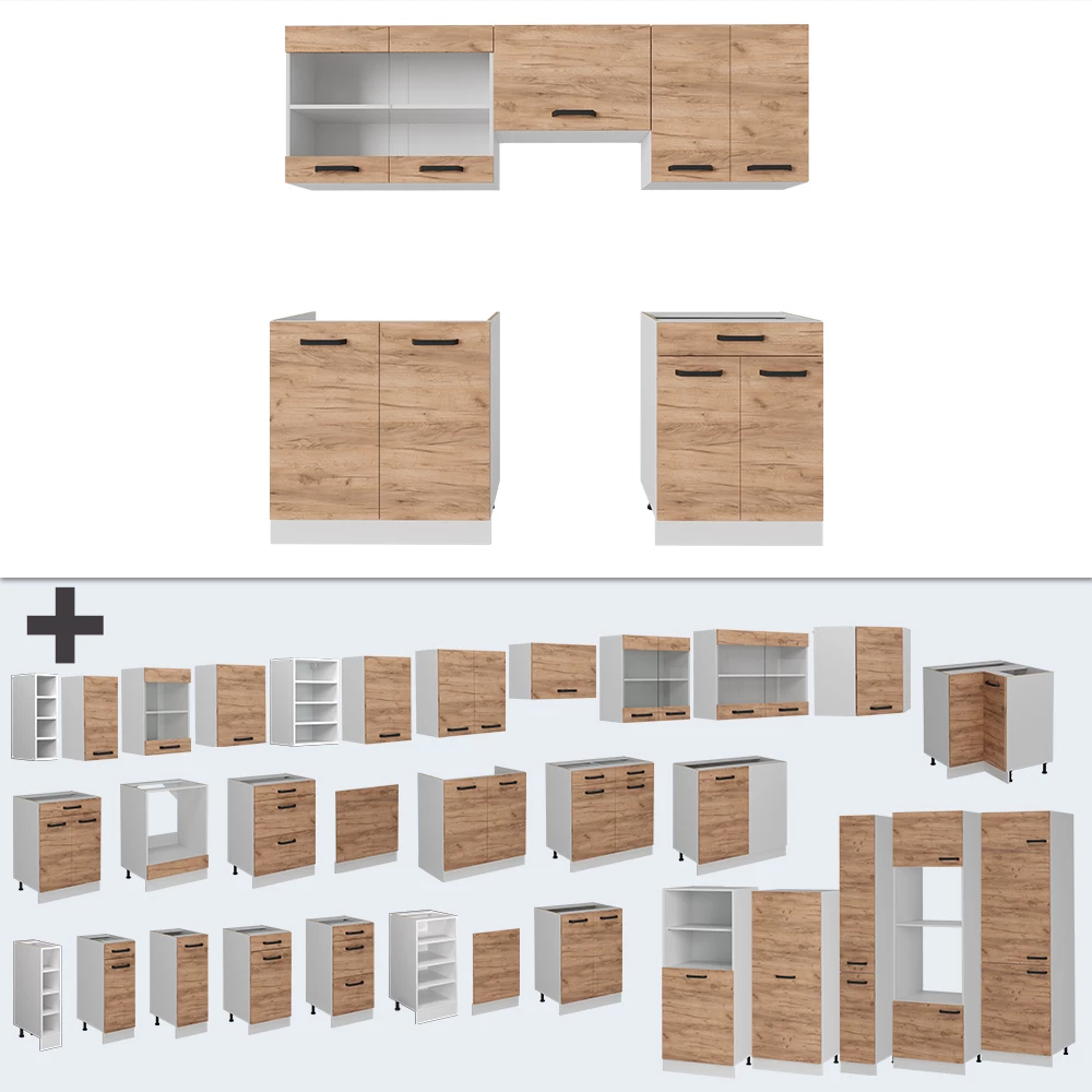Nahaufnahme von Küchenzeile in Goldkraft Eiche/Weiß, zeigt Design- und Oberflächendetails