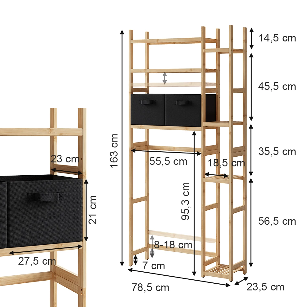Vicco Waschmaschinenschrank Bambus 78.5 x 163 cm mit 2 Vliesschubladen, Bilbao