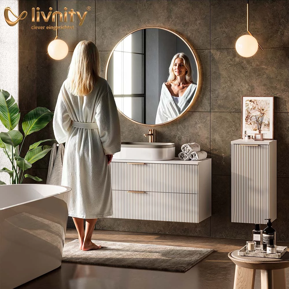 livinity® Badezimmer Grau 40 x 65 cm mit 2 Regalböden, ATERNO