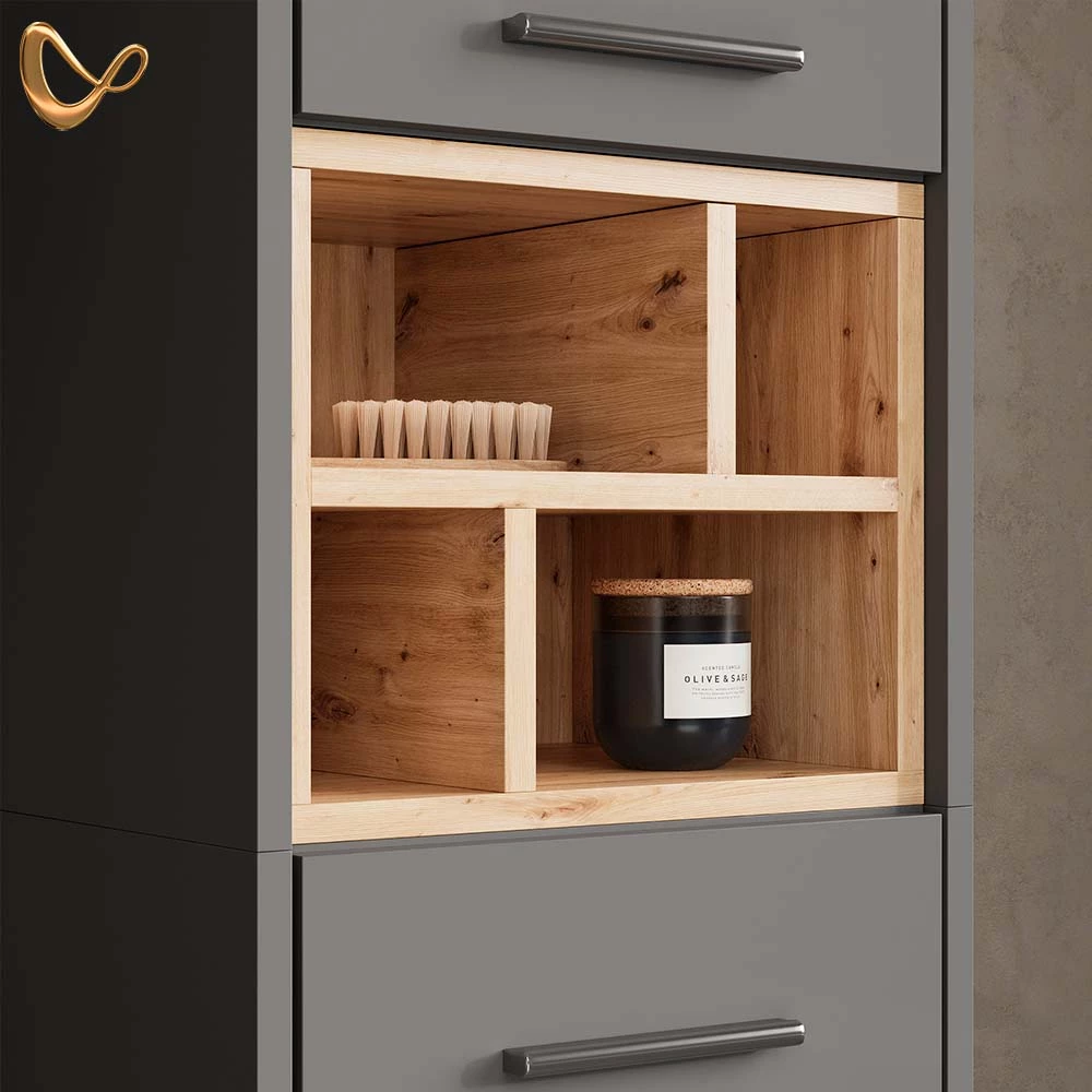 Nahaufnahme von Badmöbel-Set in Anthrazit, zeigt Design- und Oberflächendetails