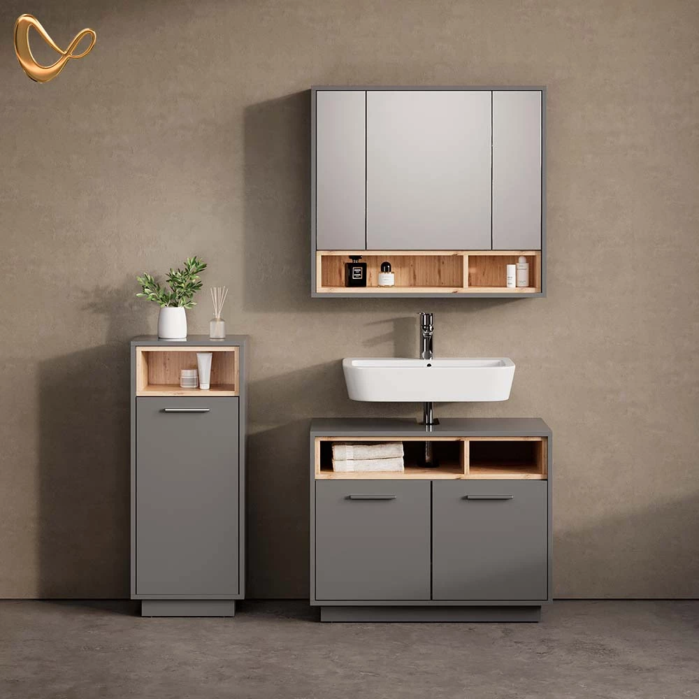 Badmöbel-Set in Anthrazit, dargestellt im Ambiente und auf weißem Hintergrund