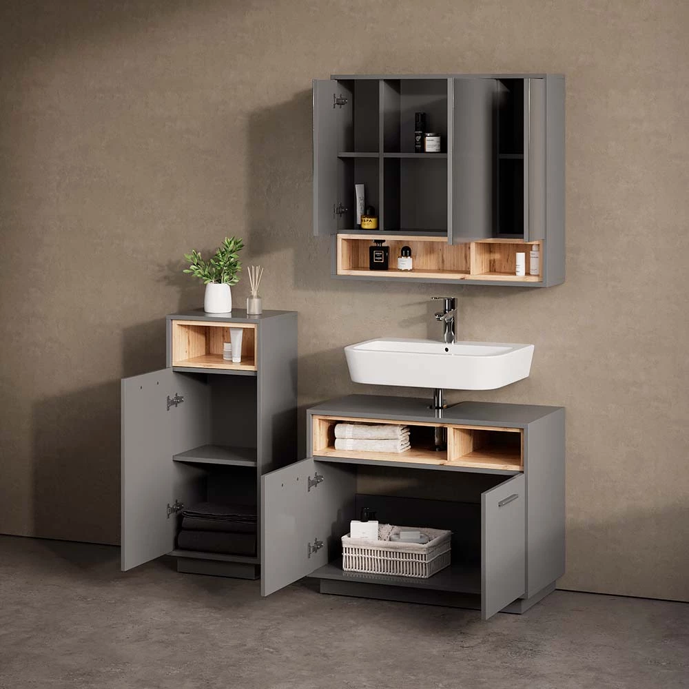 Nahaufnahme von Badmöbel-Set in Anthrazit, zeigt Textur/Details