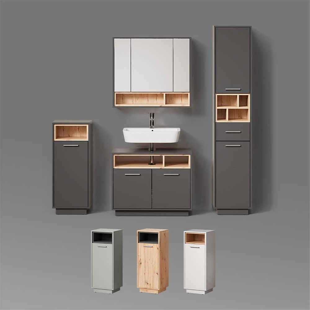 Badschrank Temo Artisan Eiche/Anthrazit 38 x 190 cm mit Türen, Schublade und offenen Fächern livinity®
