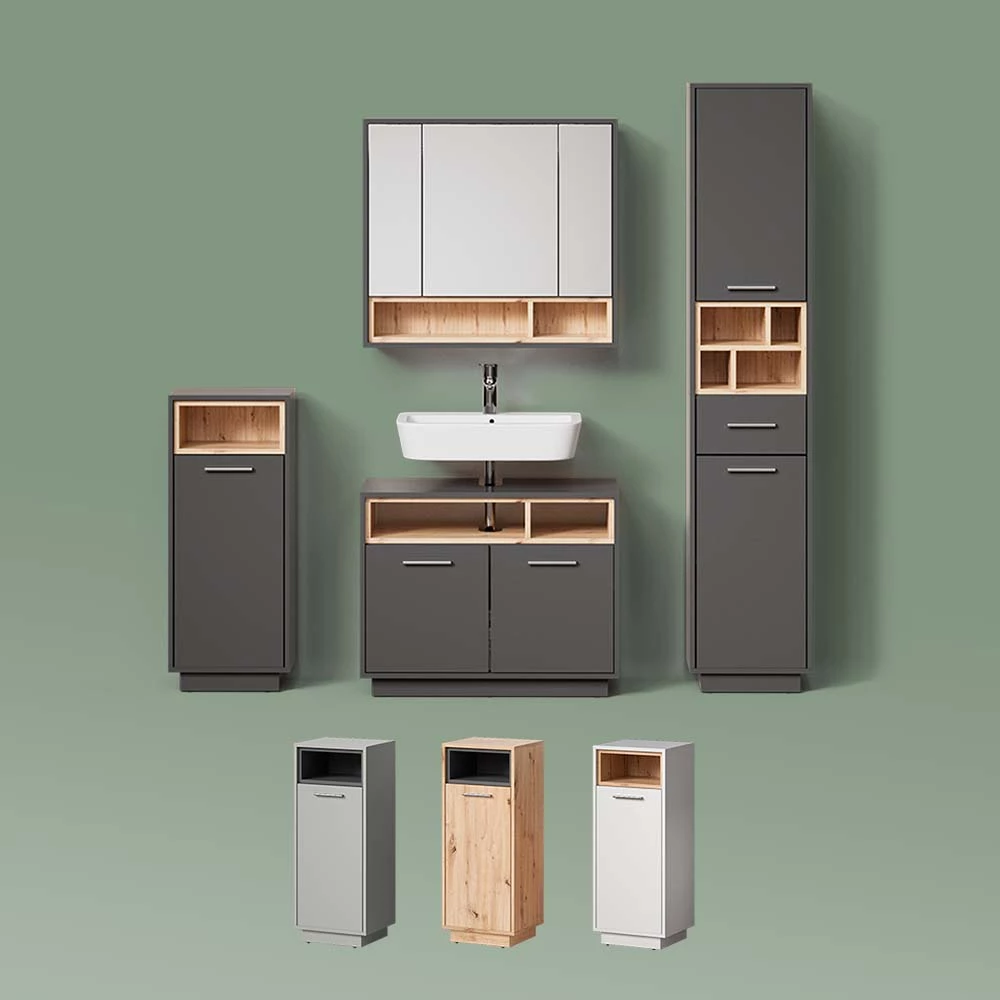 Badschrank Temo Grau/Anthrazit 38 x 190 cm mit Türen, Schublade und offenen Fächern livinity®