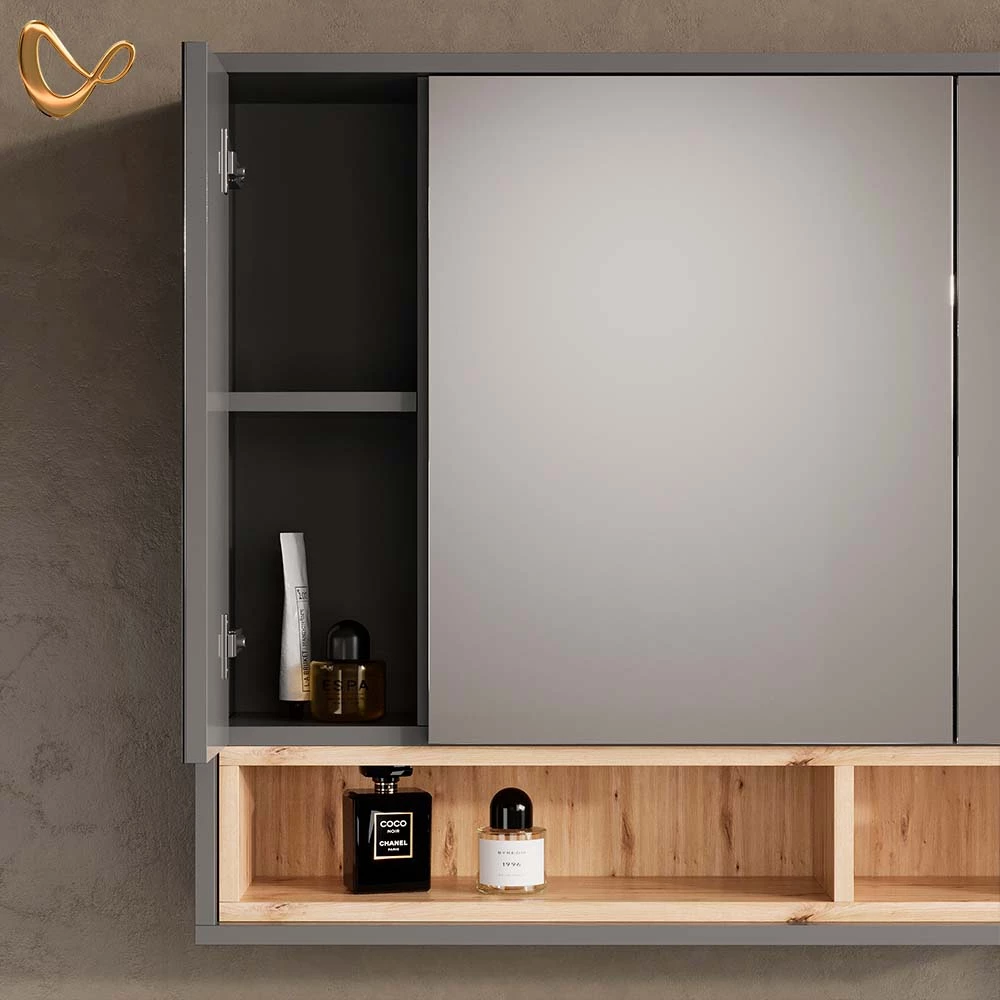 Nahaufnahme von Badspiegelschrank in Anthrazit, zeigt Design- und Oberflächendetails