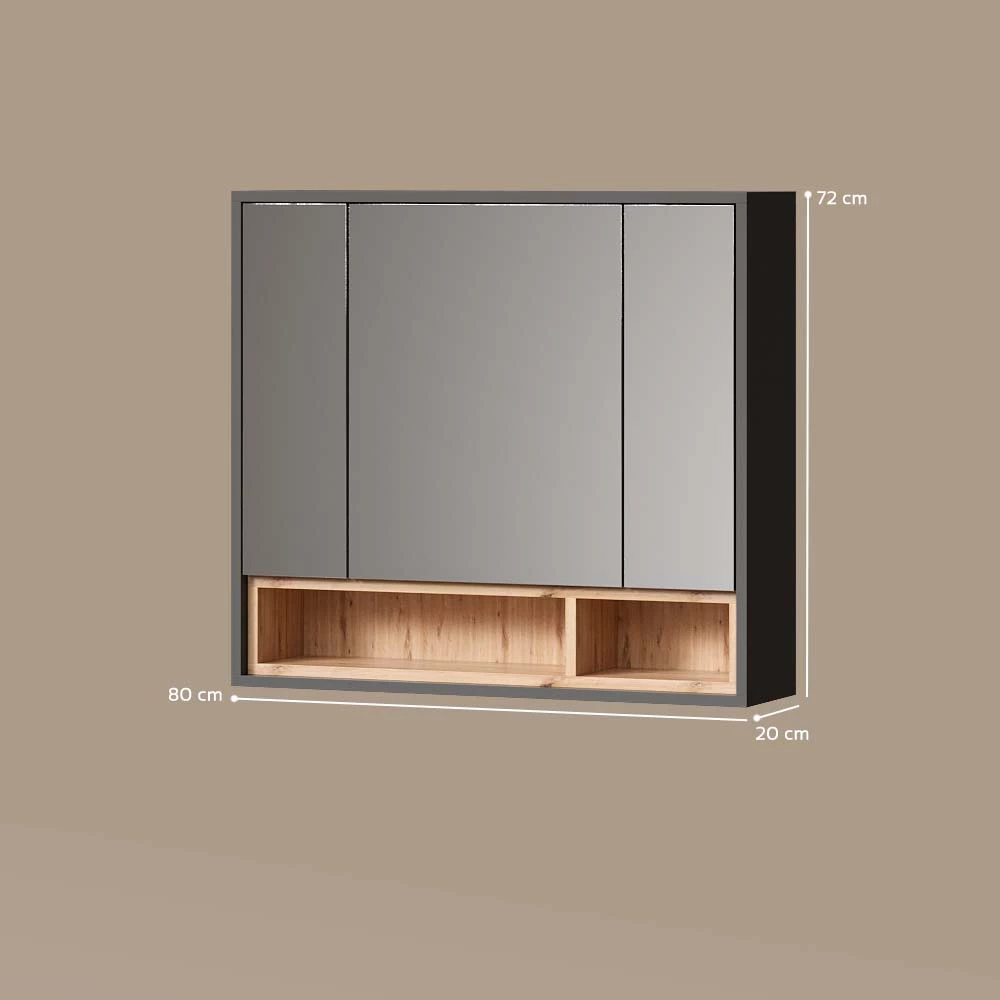 Badspiegelschrank in Anthrazit auf weißem Hintergrund mit sichtbaren Maßen