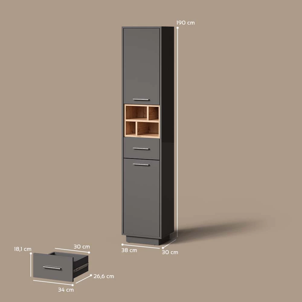 Badschrank in Anthrazit auf weißem Hintergrund mit sichtbaren Maßen