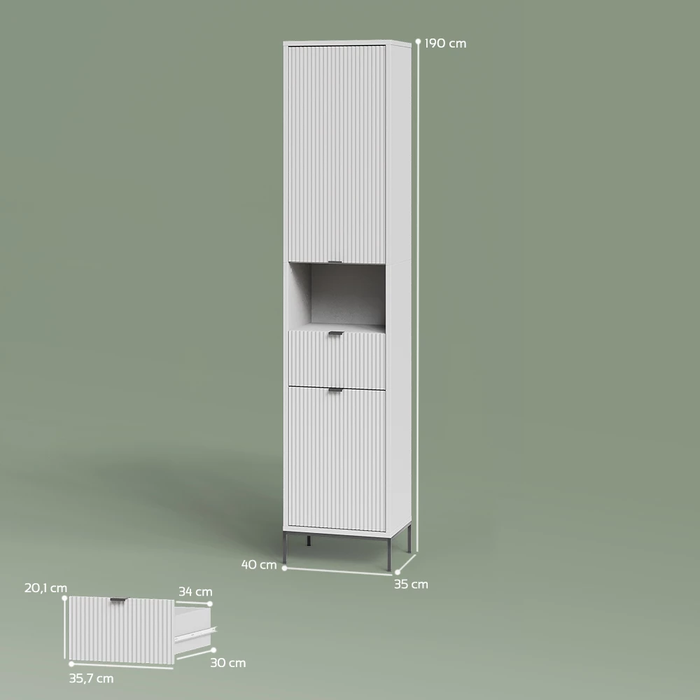 Badschrank in Weiß auf weißem Hintergrund mit sichtbaren Maßen