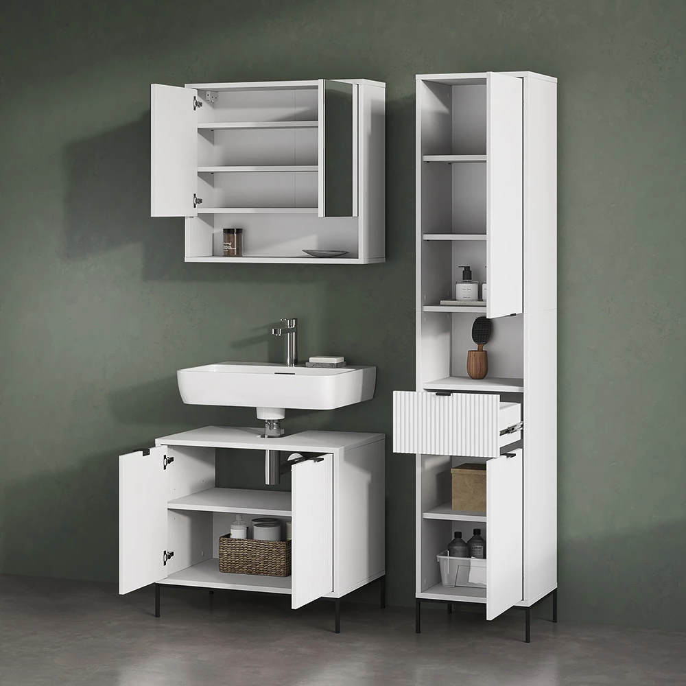 Nahaufnahme von Badmöbel-Set in Weiß, zeigt Textur/Details