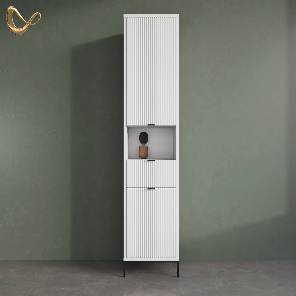 Badschrank ATERNO Weiß 40 x 190 cm mit Türen, und Schublade livinity®