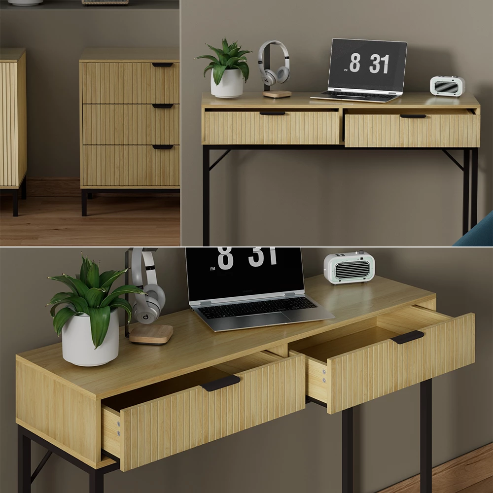 Nahaufnahme von Schreibtisch in Eiche, zeigt Textur/Details