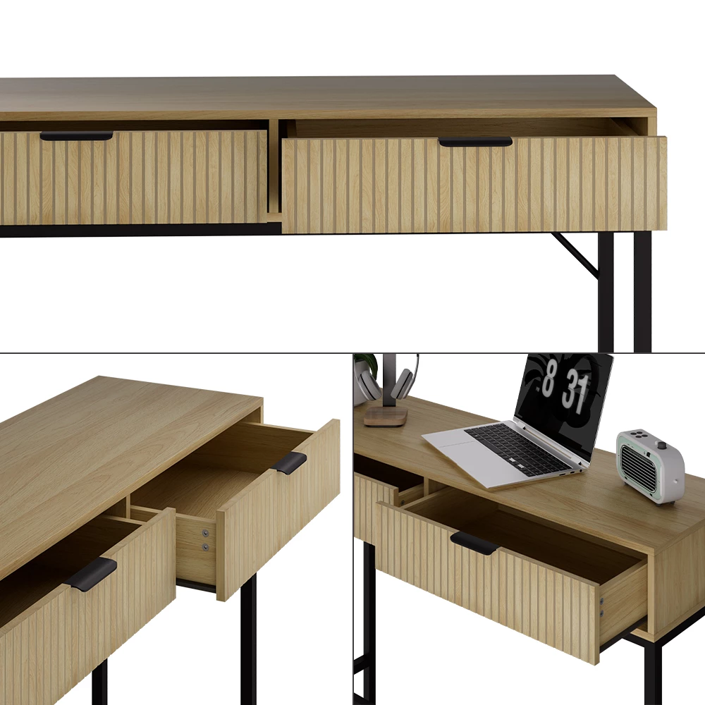 Nahaufnahme von Schreibtisch in Eiche, zeigt Design- und Oberflächendetails