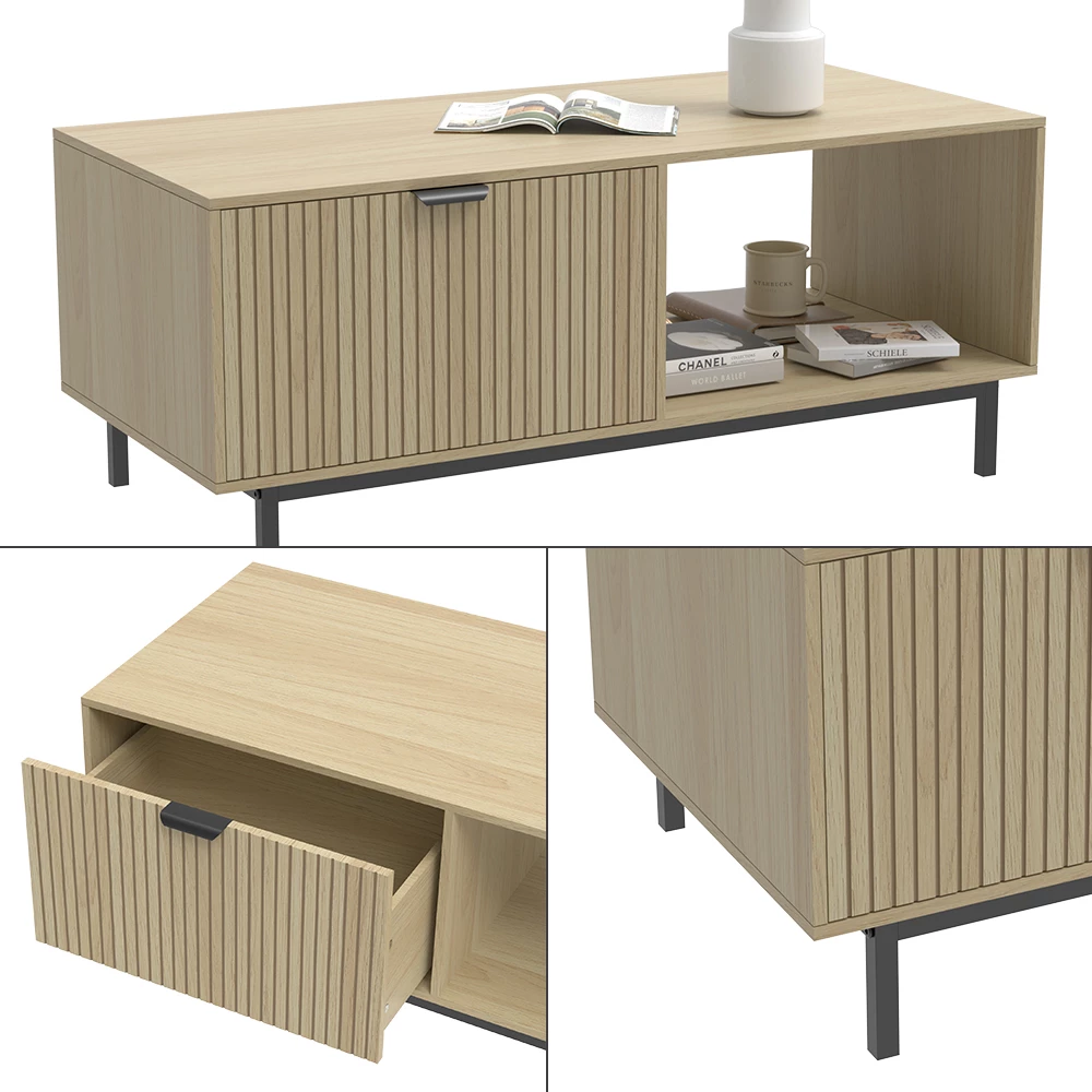 Nahaufnahme von Couchtisch in Eiche, zeigt Design- und Oberflächendetails