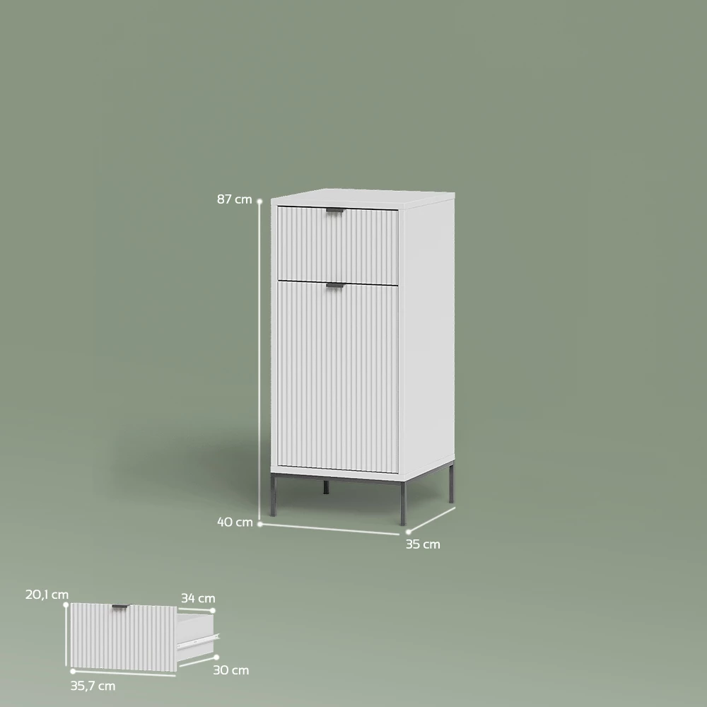 Badschrank in Weiß auf weißem Hintergrund mit sichtbaren Maßen