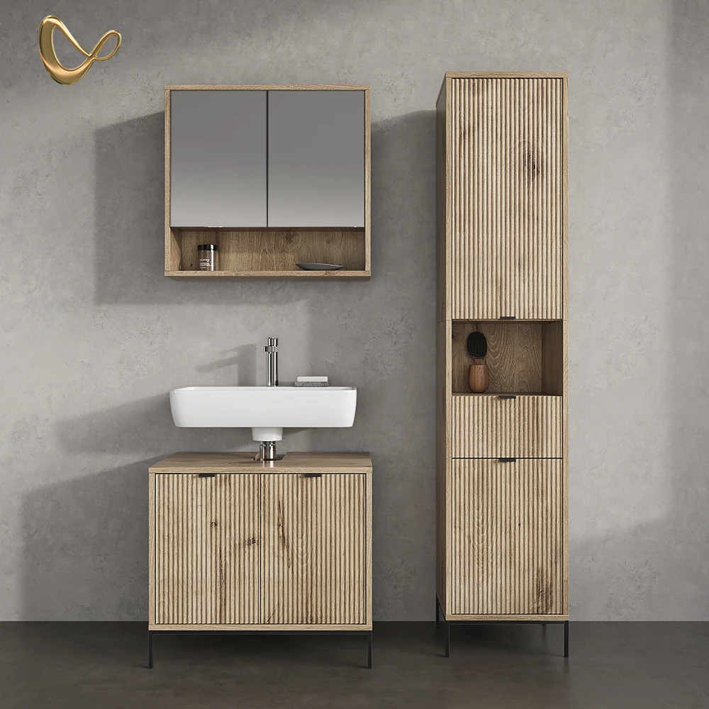 Badmöbel-Set in Viking Oak, dargestellt im Ambiente und auf weißem Hintergrund