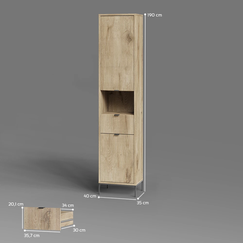 Badschrank in Viking Oak auf weißem Hintergrund mit sichtbaren Maßen