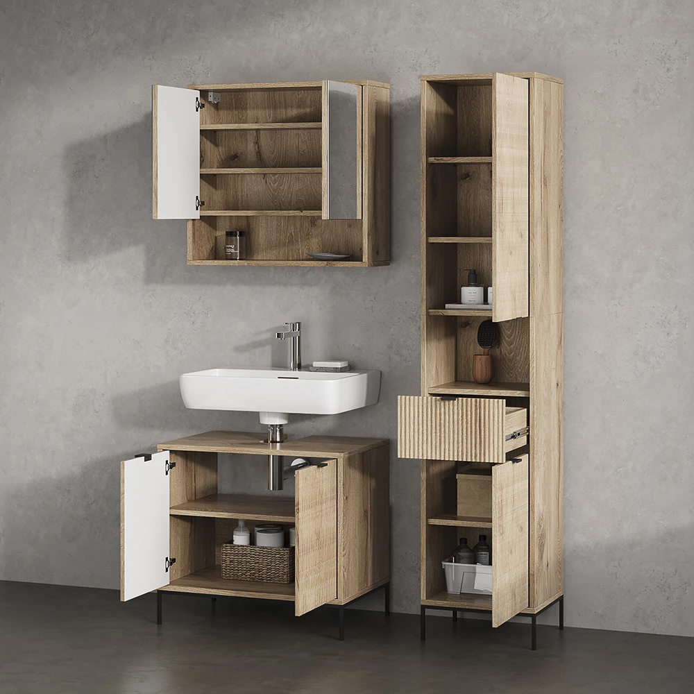 Nahaufnahme von Badmöbel-Set in Viking Oak, zeigt Textur/Details