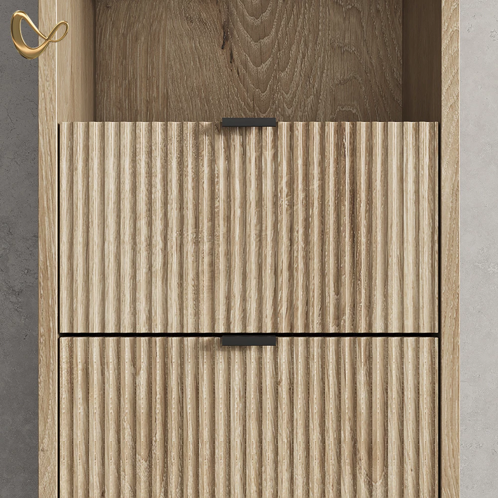 Nahaufnahme von Badschrank in Viking Oak, zeigt Design- und Oberflächendetails