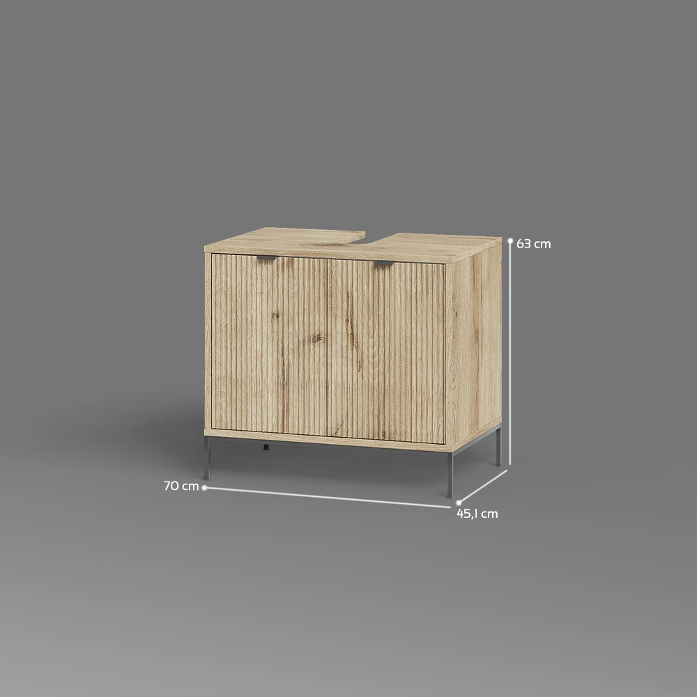 Waschtischunterschrank in Viking Oak auf weißem Hintergrund mit sichtbaren Maßen