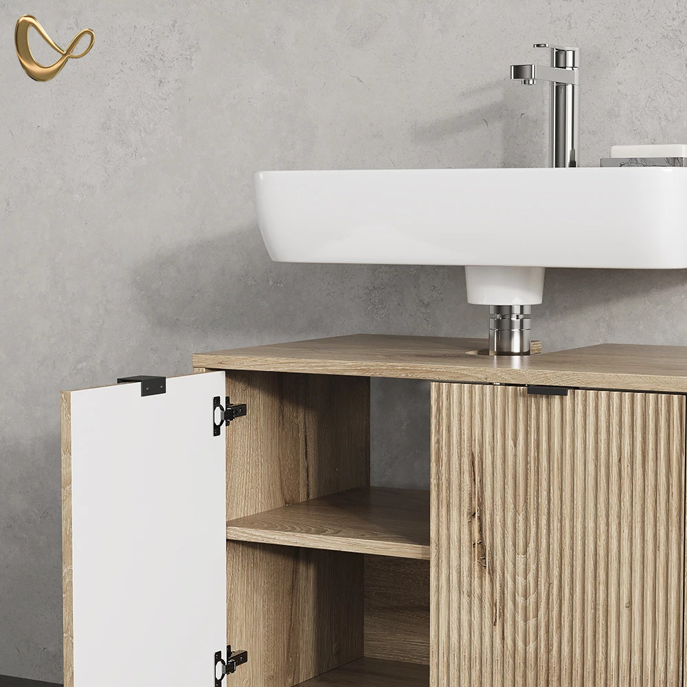 Nahaufnahme von Badmöbel-Set in Viking Oak, zeigt Design- und Oberflächendetails