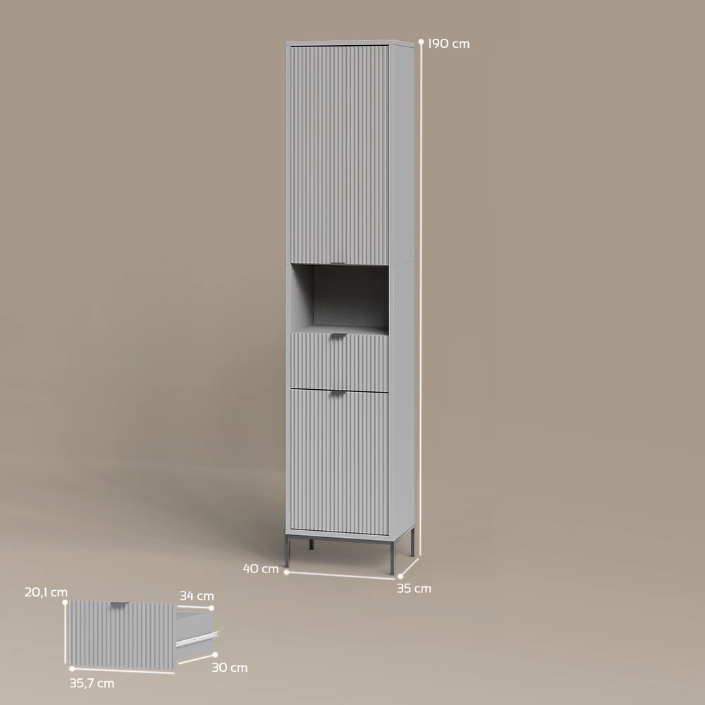 Badschrank in Grau auf weißem Hintergrund mit sichtbaren Maßen