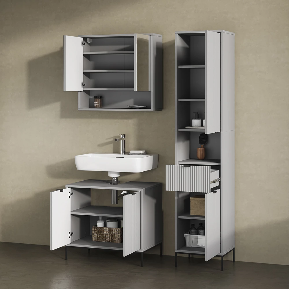 Nahaufnahme von Badmöbel-Set in Grau, zeigt Textur/Details