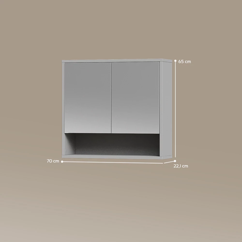 Badspiegelschrank in Grau auf weißem Hintergrund mit sichtbaren Maßen