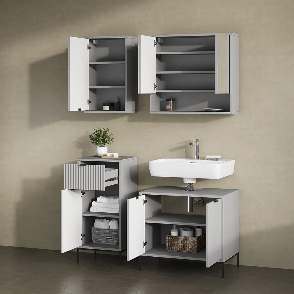 livinity® Badezimmer Grau 40 x 65 cm mit 2 Regalböden, ATERNO