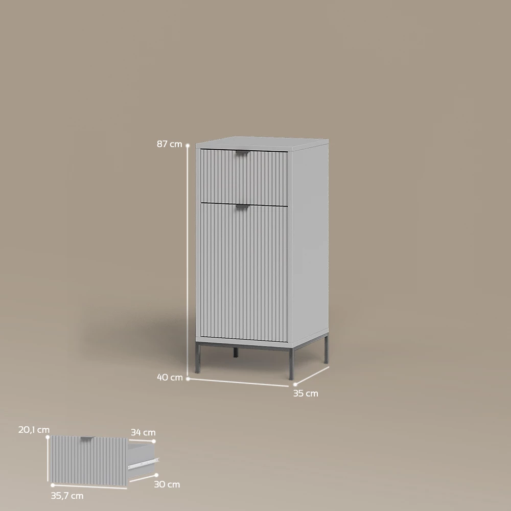 Badschrank in Grau auf weißem Hintergrund mit sichtbaren Maßen