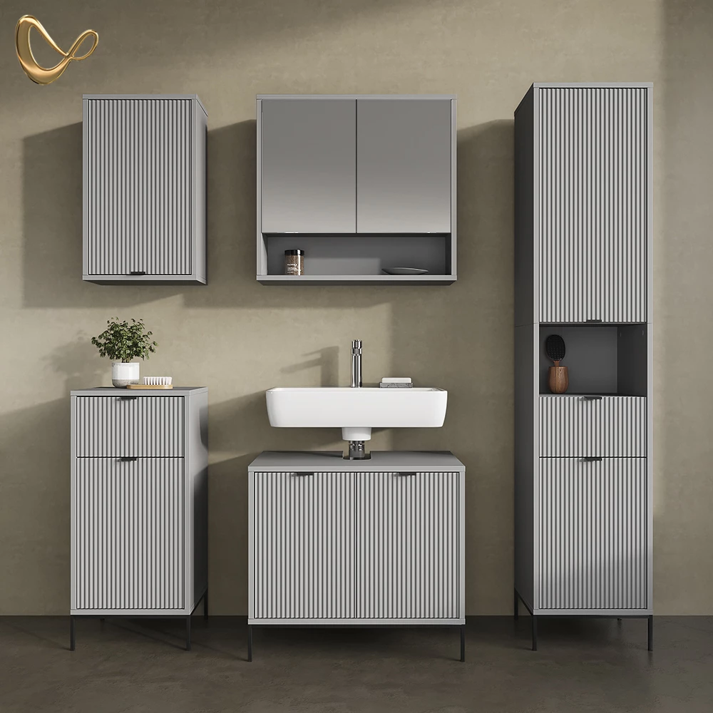Badmöbel-Set in Grau, dargestellt im Ambiente und auf weißem Hintergrund