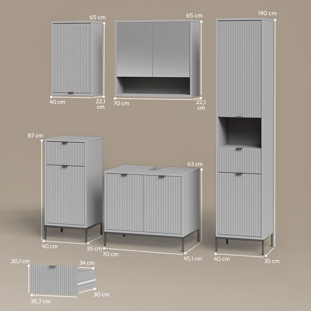 Badmöbel-Set in Grau auf weißem Hintergrund mit sichtbaren Maßen