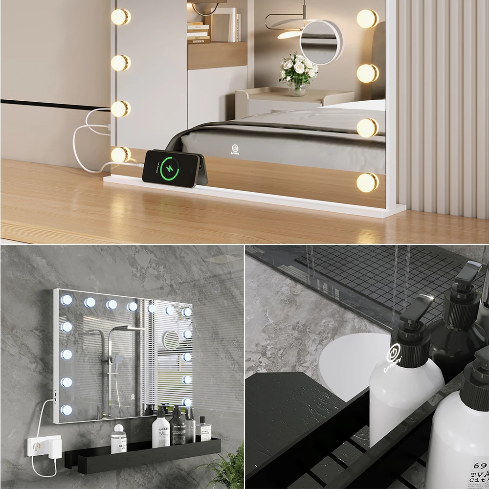 Vicco Schminktischspiegel Weiß 58 x 47 cm mit LED-Beleuchtung, Greta