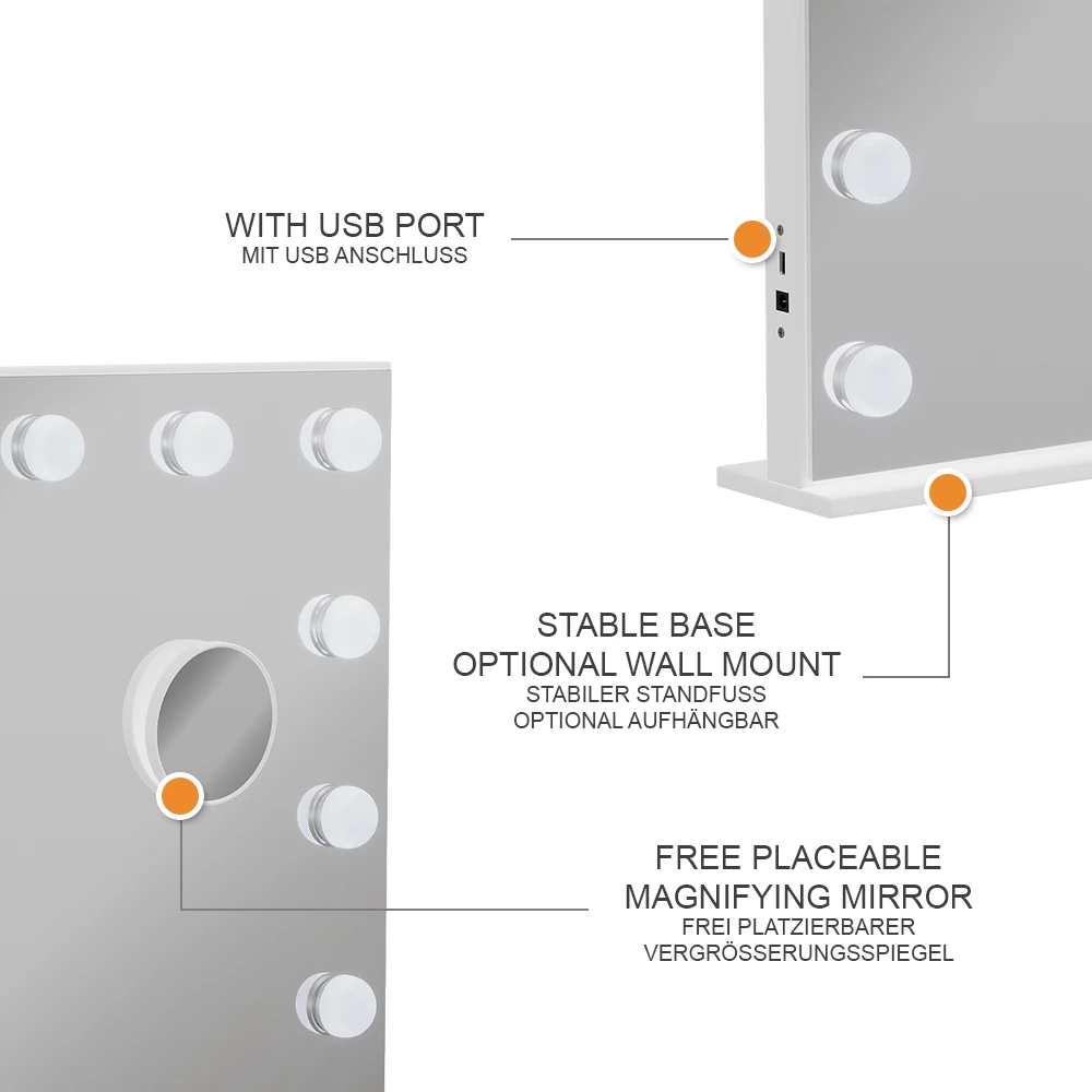 Vicco Schminktischspiegel Weiß 58 x 47 cm mit LED-Beleuchtung, Greta