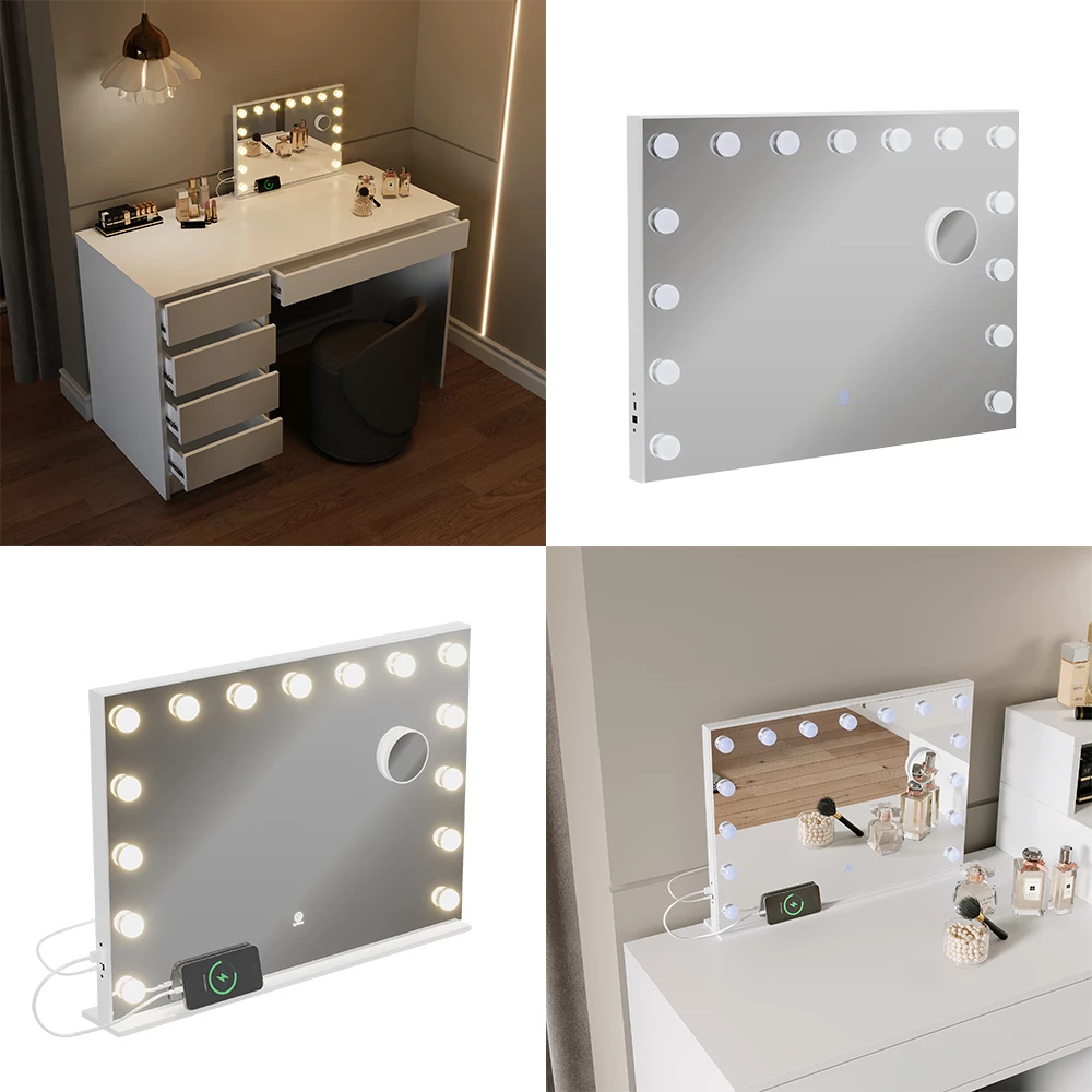 Vicco Schminktischspiegel Weiß 58 x 47 cm mit LED-Beleuchtung, Greta